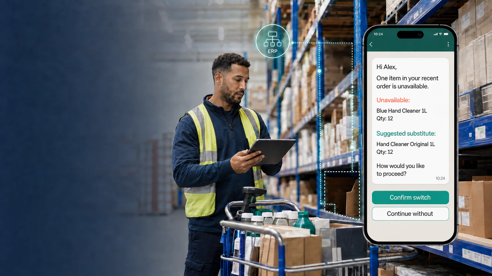Warehouse worker in a hi-vis vest checking stock availability on a tablet