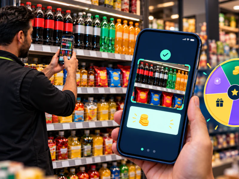 Retailer photographing a stocked drinks shelf, with a phone showing a ProConnect Loyalty points reward and a daily prize wheel