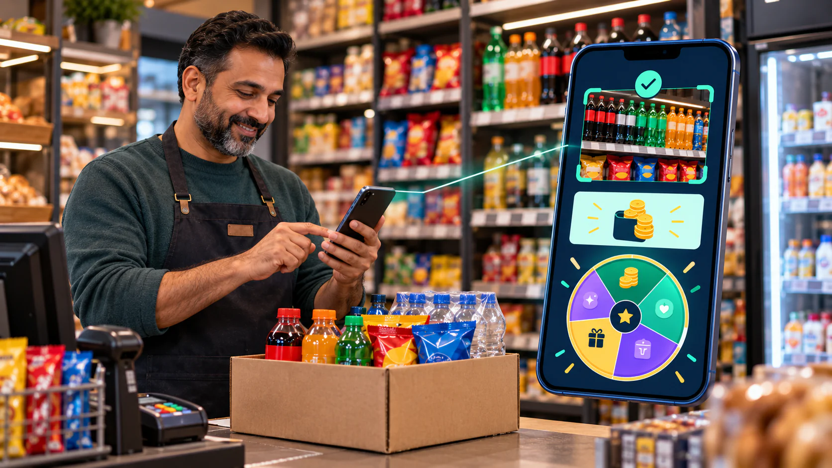 Retailer at the counter checking a ProConnect Loyalty shelf verification, points reward and daily prize wheel on his phone