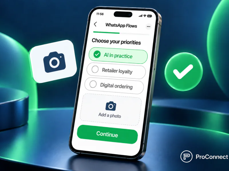 WhatsApp Flow on a phone, built with ProConnect