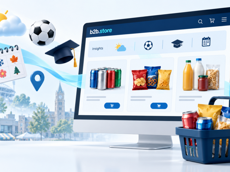 B2B Store insights bar showing weather, sport, seasonal and event prompts alongside stocked products