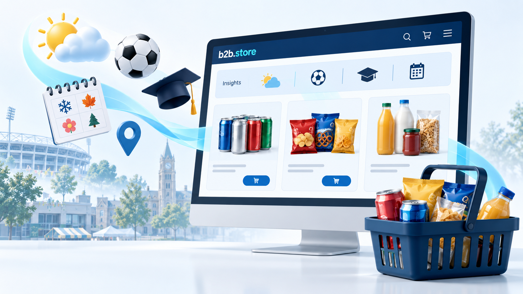 B2B Store insights bar showing weather, sport, seasonal and event prompts alongside stocked products