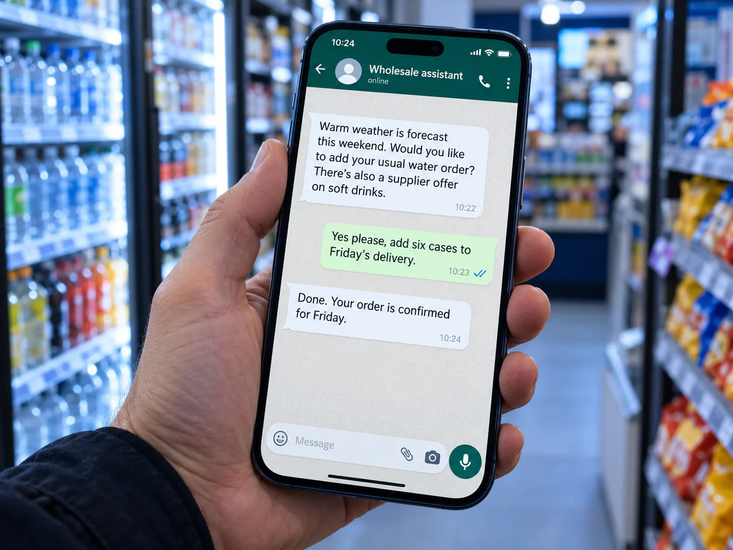 A retailer confirming a water order in WhatsApp after a proactive weather-based prompt from their wholesaler