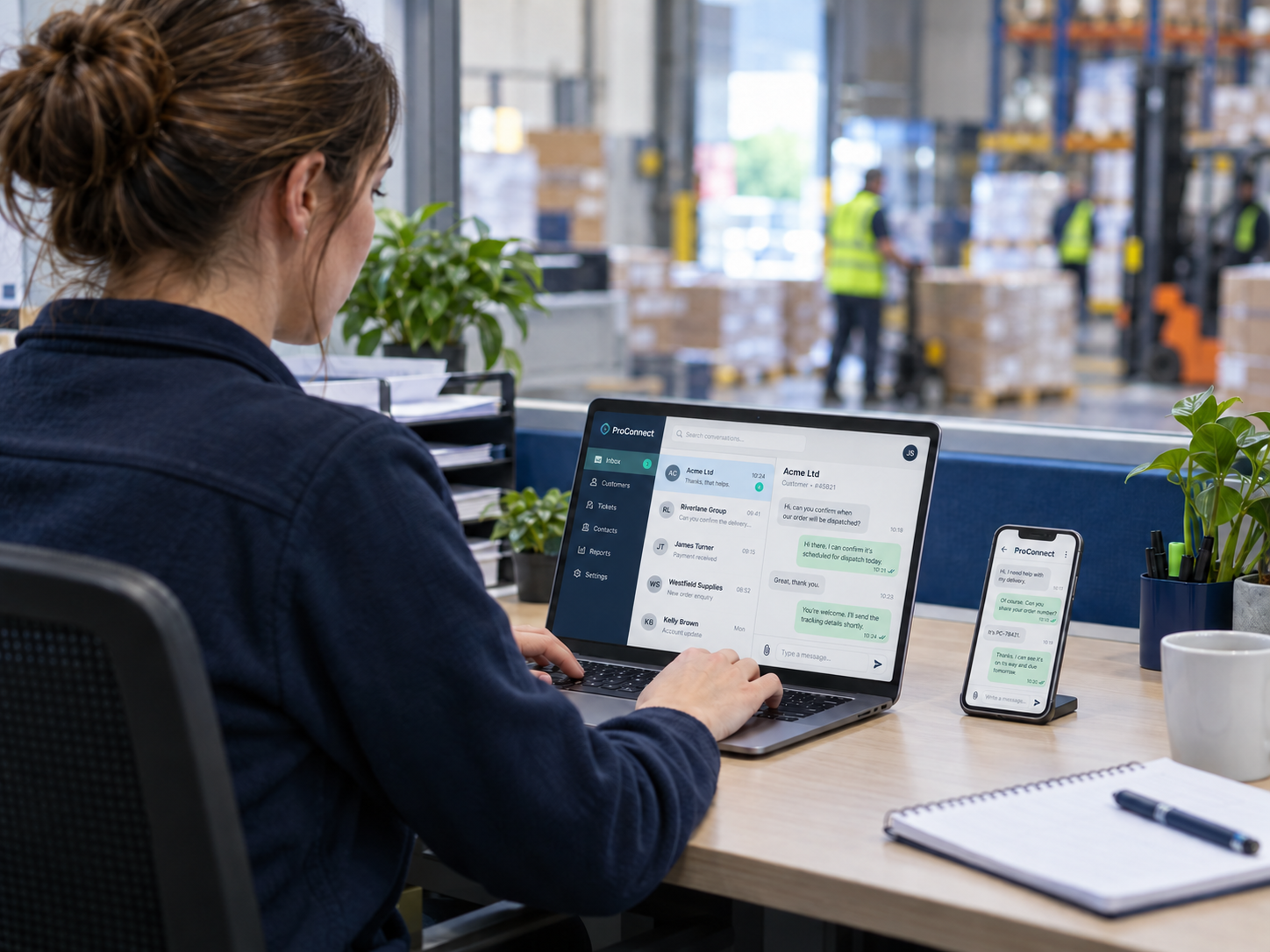 Wholesale customer service manager at a laptop with the ProConnect dashboard open beside a phone
