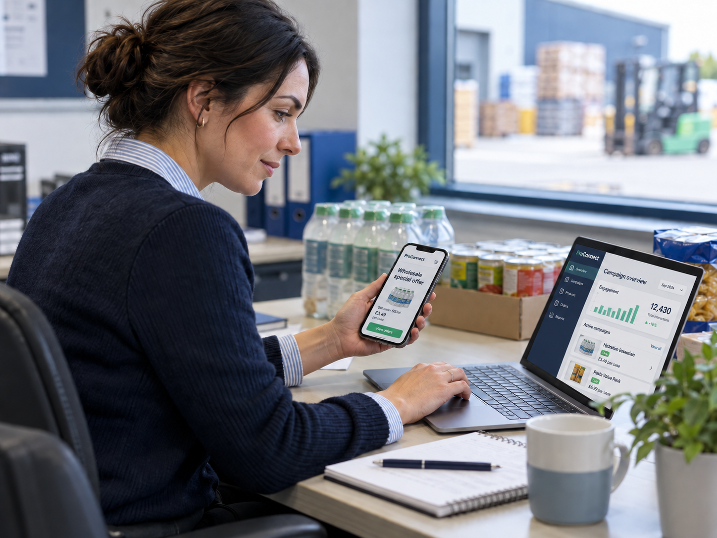 Retail customer browsing wholesale promotions on a phone at the counter