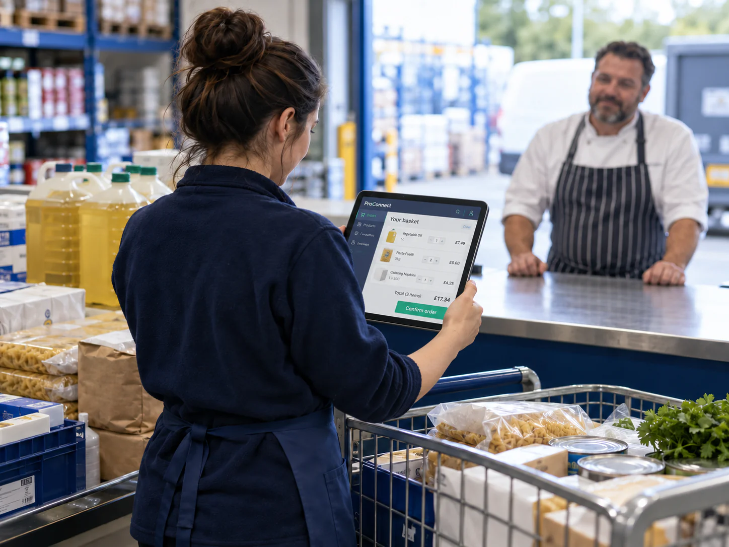 Shop owner at the till placing a stock order on a tablet