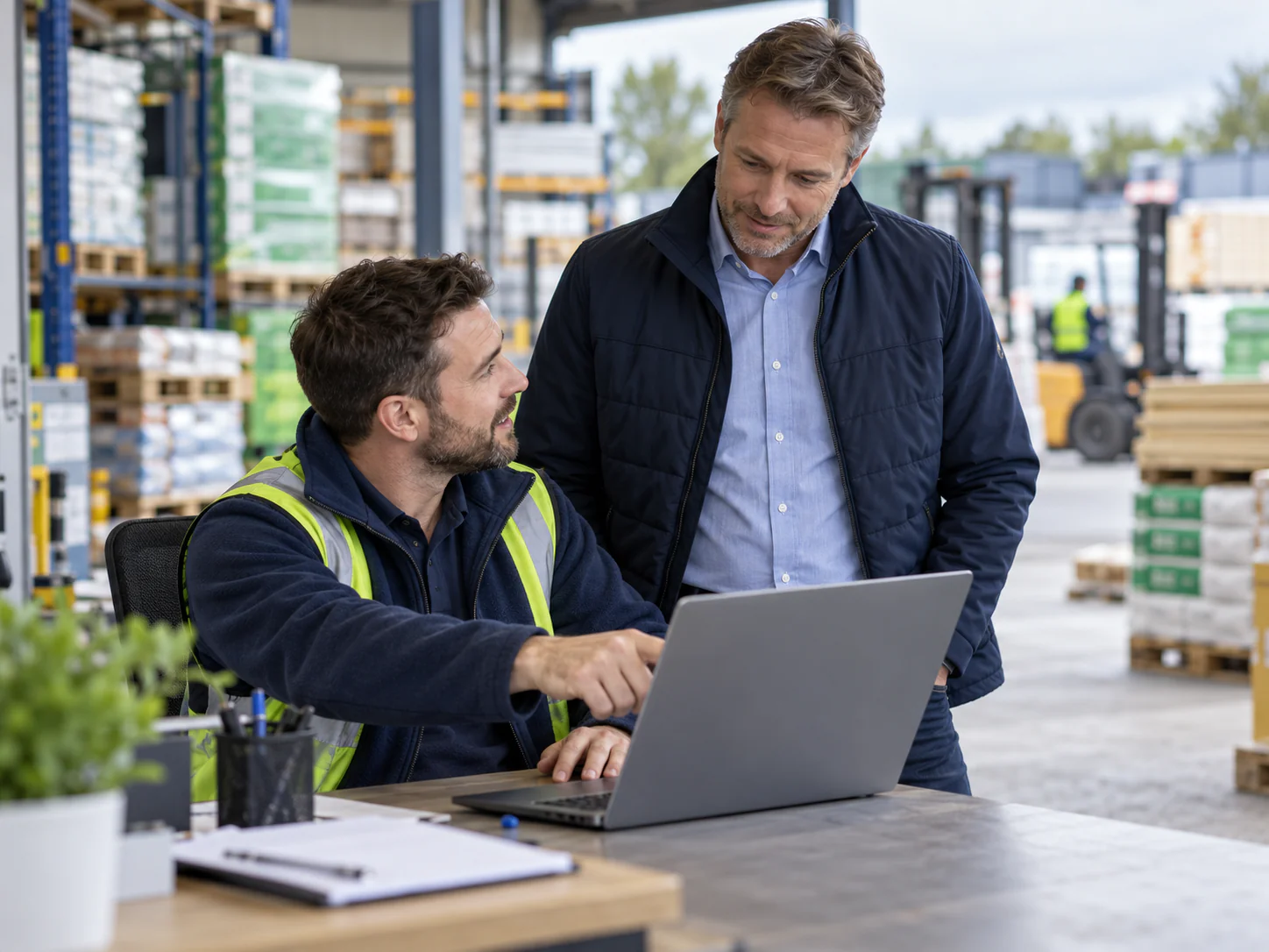 Depot manager and sales rep reviewing a routed customer query on a laptop in the warehouse