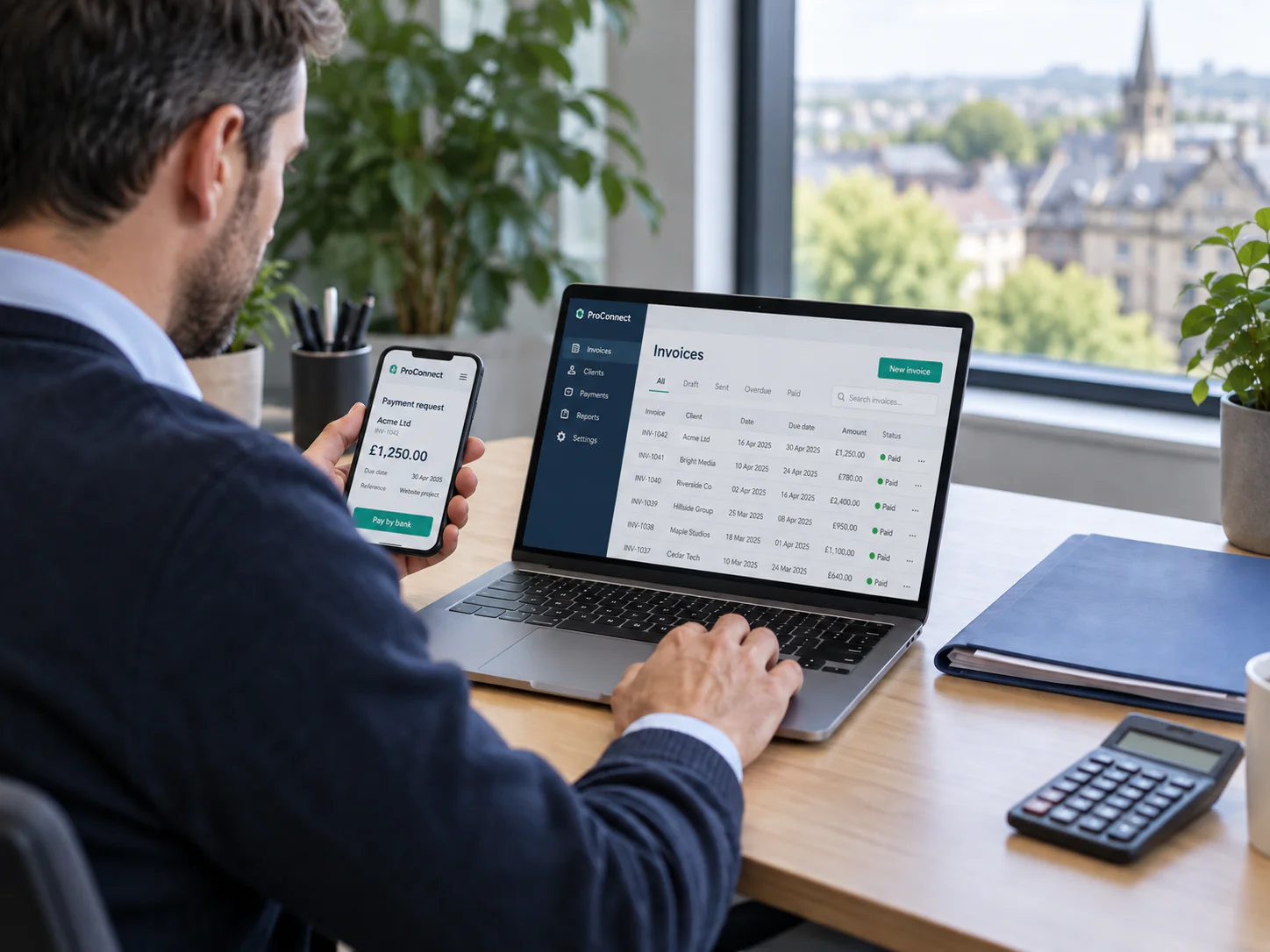 Credit controller at a laptop sending a pay-by-bank payment link, phone in hand