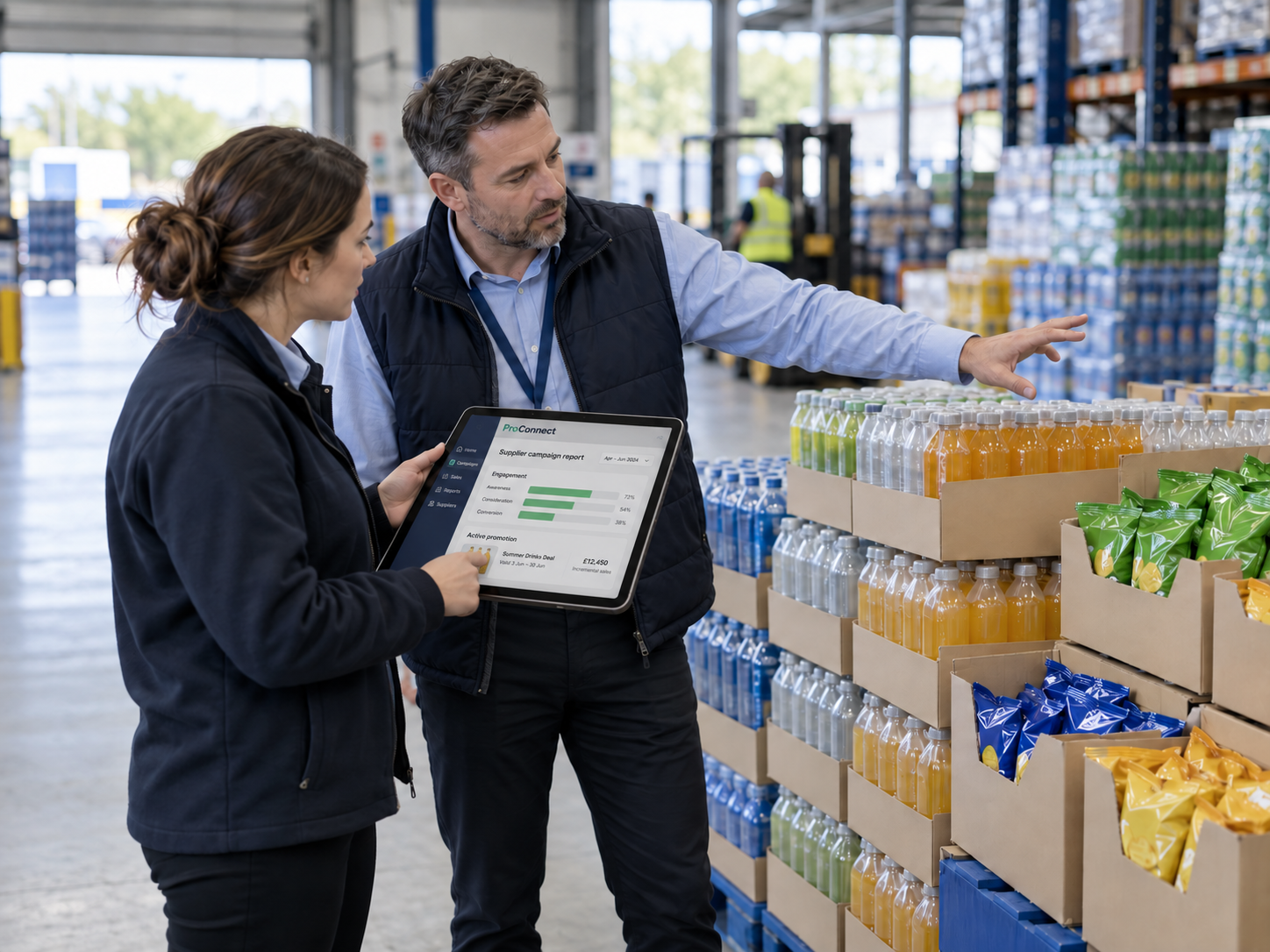 Supplier and wholesaler teams reviewing a funded promotion on a tablet in the warehouse