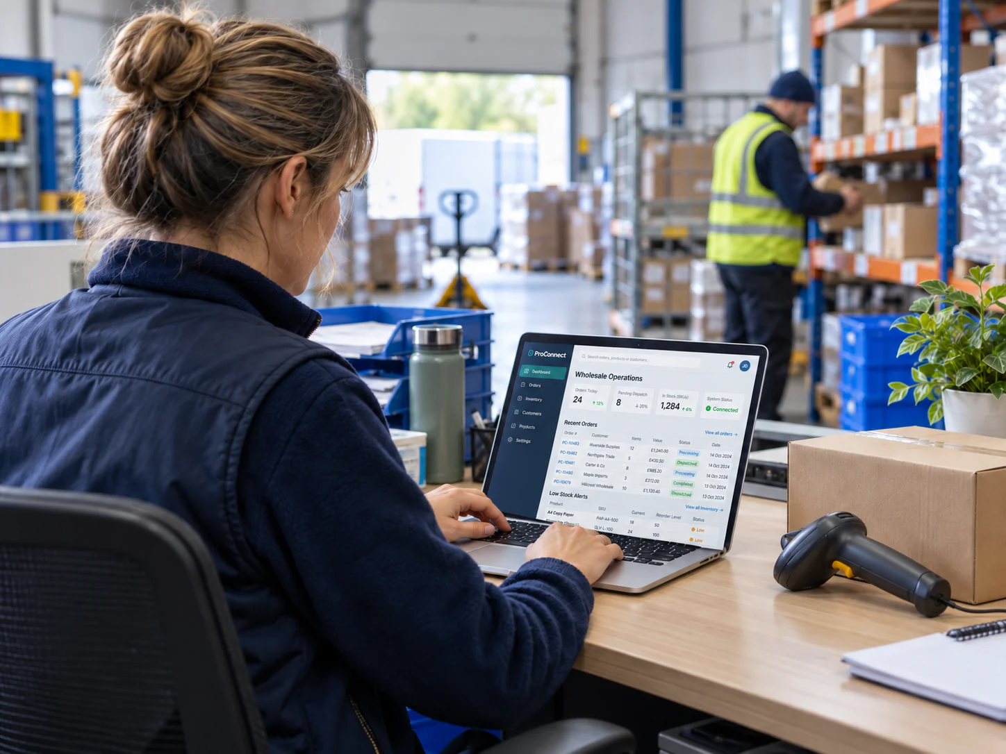 Wholesale operations manager checking connected ERP order data on a laptop in the depot