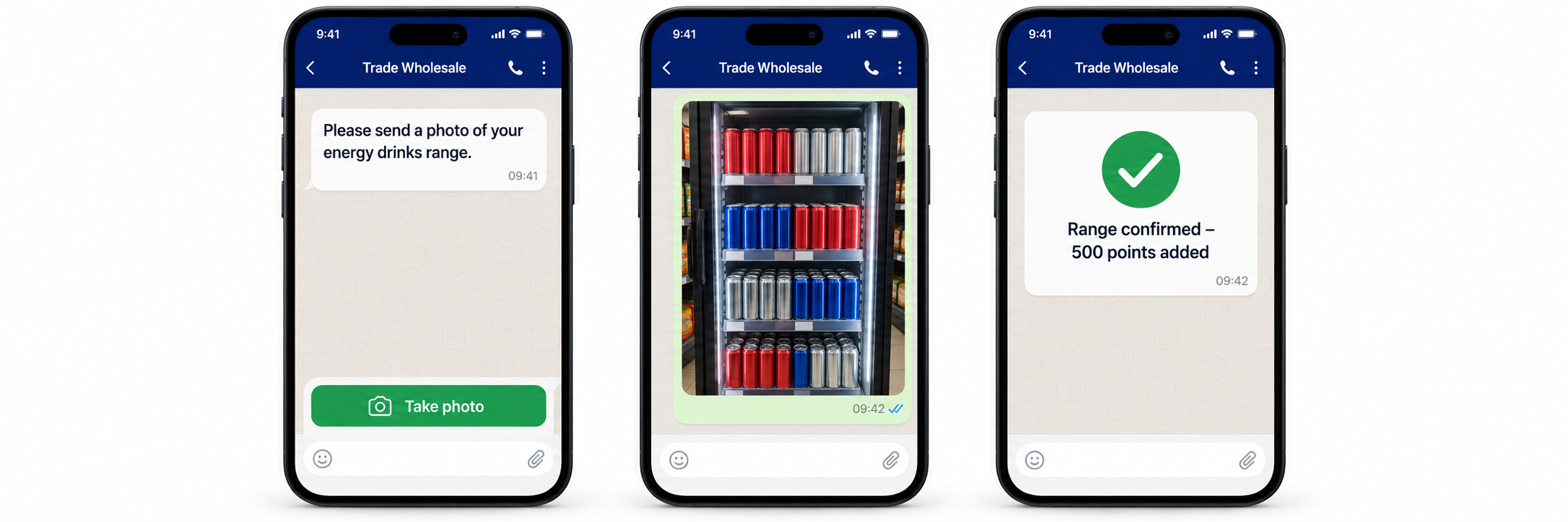 Three WhatsApp screens: a retailer sends a photo of their chiller and gets a range score back