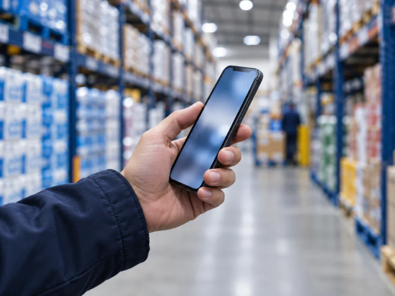 Hand holding a smartphone in a cash and carry aisle