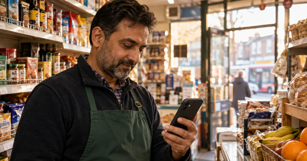 Shop owner checking a WhatsApp offer on his phone in a convenience store