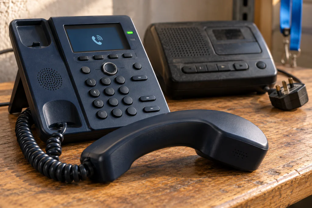 Existing phone on a trade counter, handset off the hook