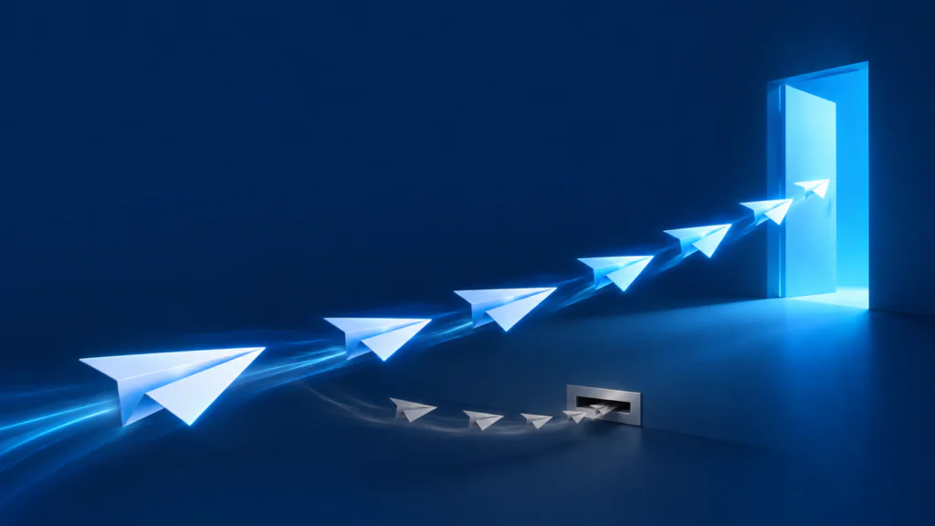 Illustration of message streams: most reaching an open doorway, a few fading into a letterbox
