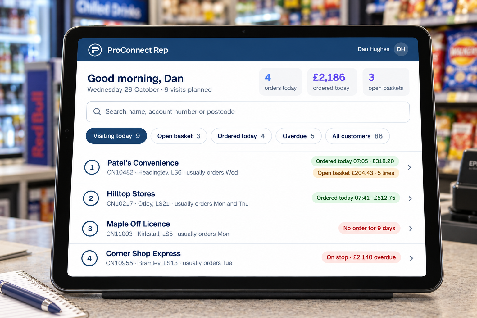 ProConnect Rep on a tablet in a convenience store: today's customers in visit order