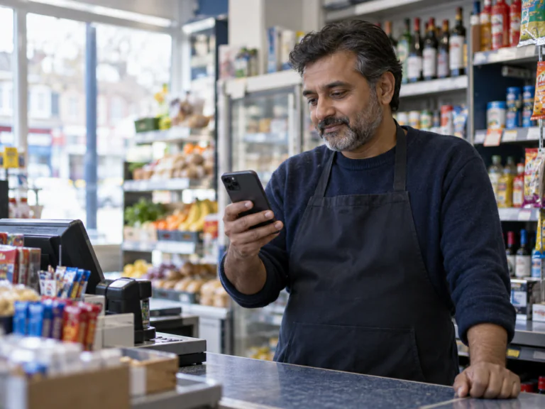 Shop owner behind the counter of a convenience shop checking his phone