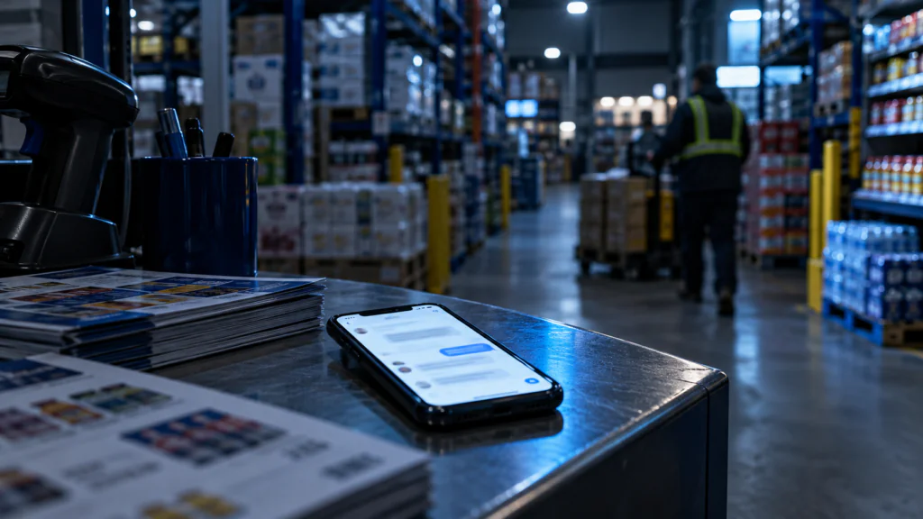 Smartphone showing a chat thread beside trade price lists on a wholesale counter