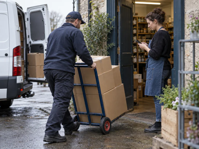 Delivery driver wheeling boxes from a van to the back door of a shop