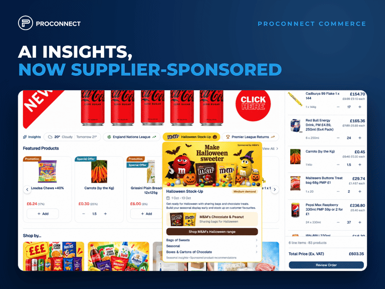 Animation: ProConnect Commerce store zooming into a supplier-sponsored Halloween Stock-Up AI Insight