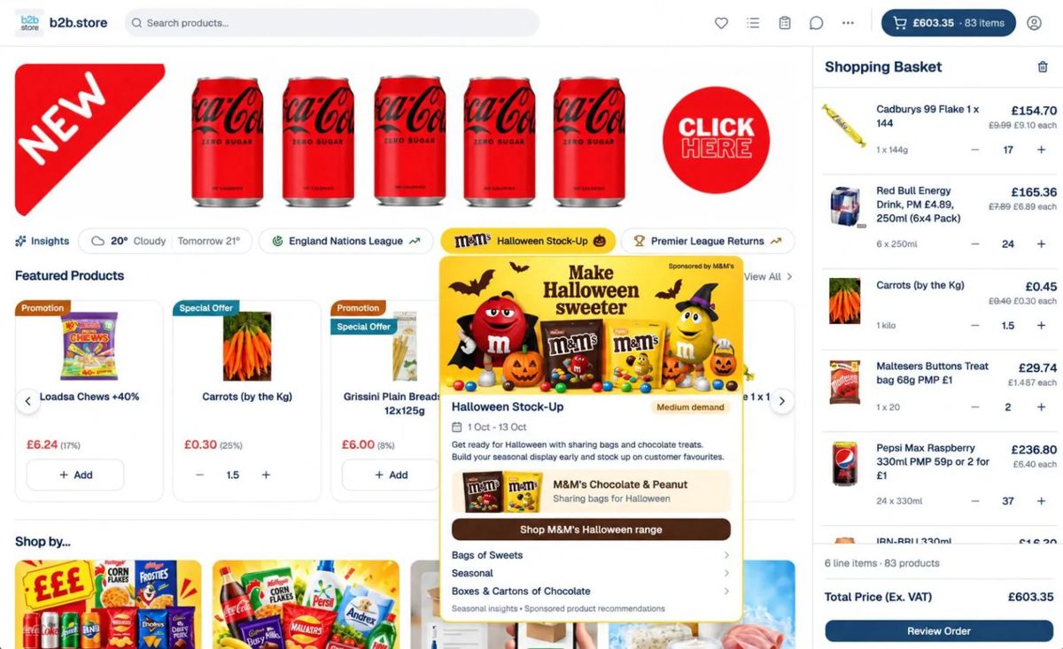 Example M&M’s sponsored Halloween insight with featured products and a Shop the range button