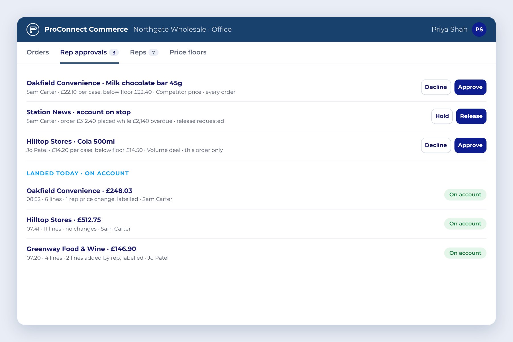 ProConnect Commerce office view: rep approvals and orders landed on account
